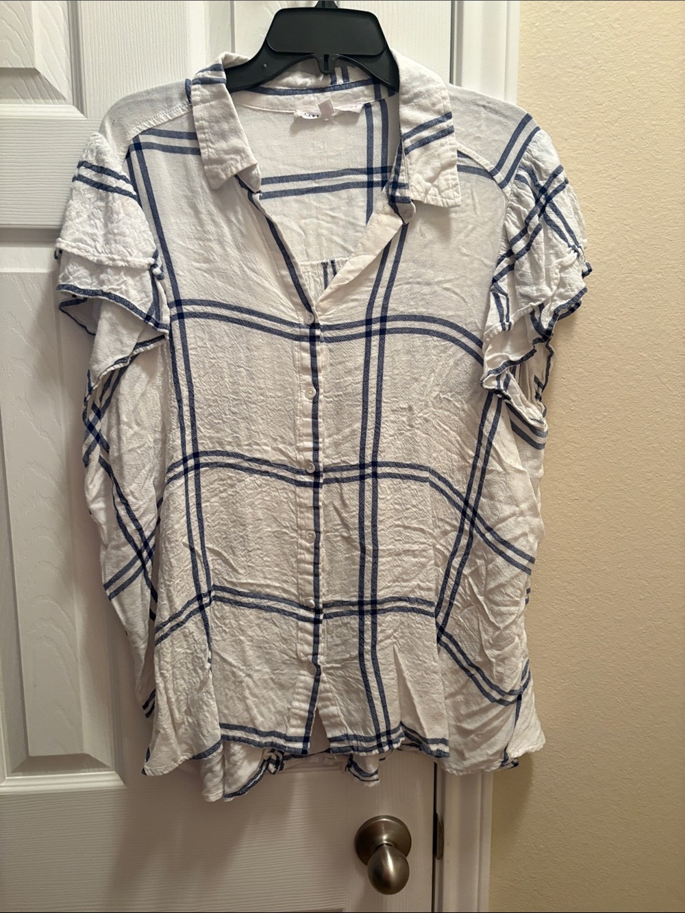 Jane and Delancey White Button-Down Shirt with Blue Windowpane Plaid